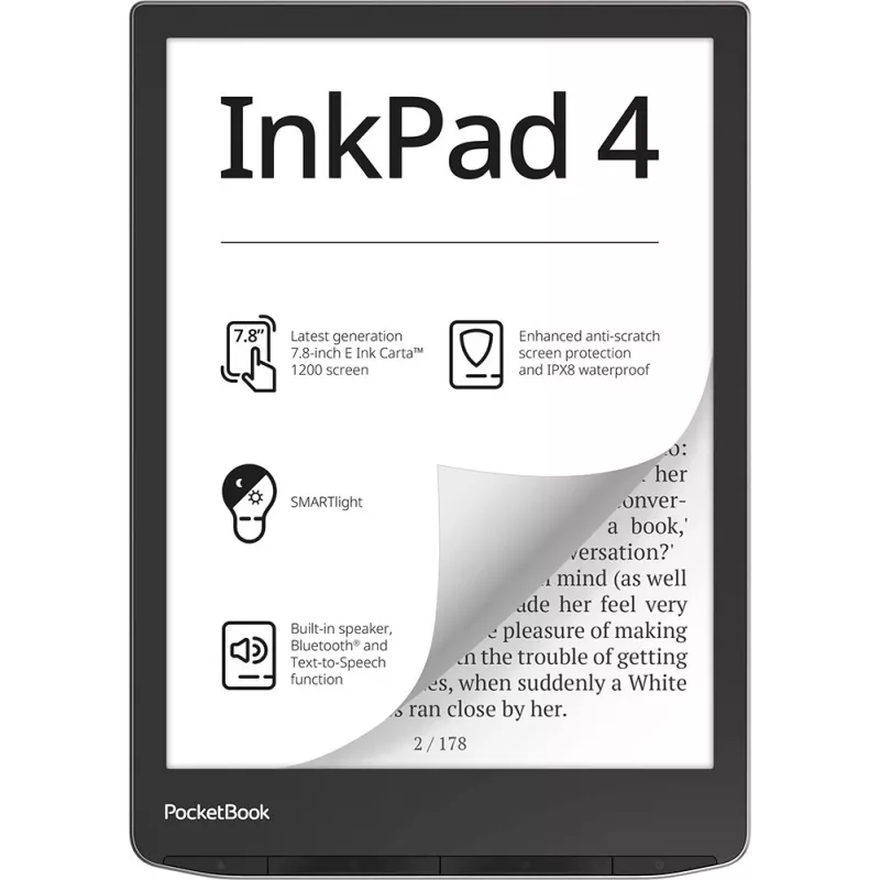 E-grāmatu lasītājs PocketBook InkPad 4 7,8 collu E Ink Carta, 32 GB, Wi‑Fi, melns/sudrabains