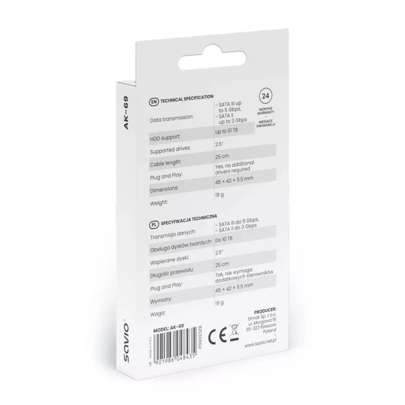 SAVIO SATA uz USB-C saskarnes kabelis AK-69, SATA sieviešu uz USB-C vīriešu, USB 3.2 Gen 1 (5 Gbit/s), 0,25 m, melns