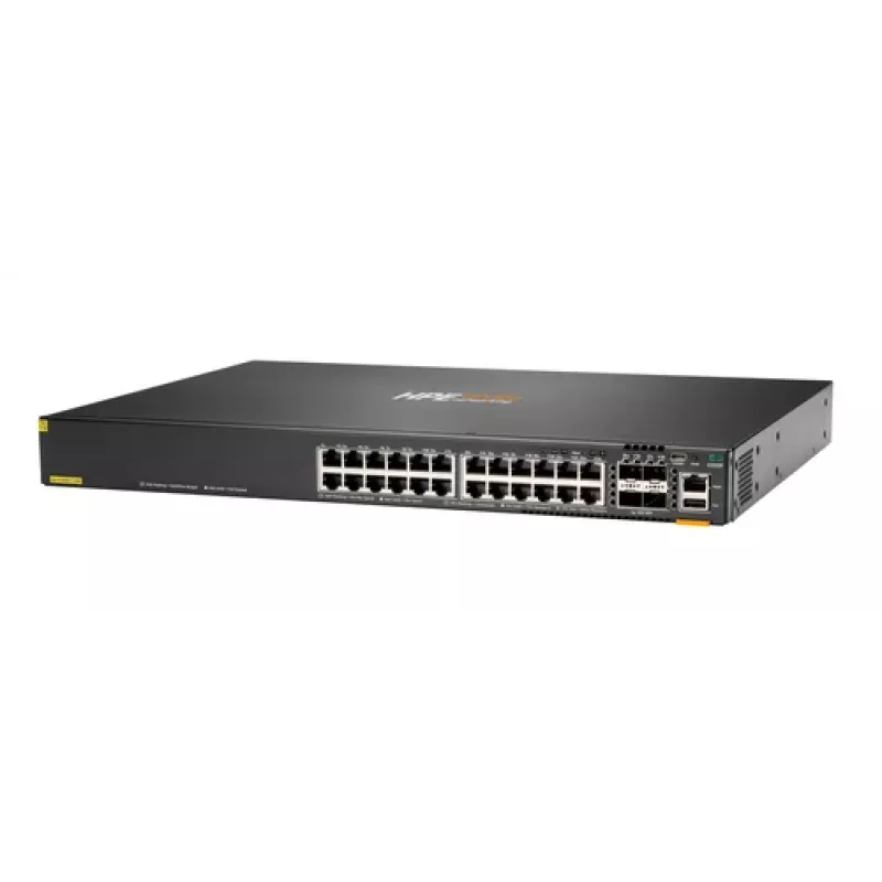 Hewlett Packard Enterprise HPE Aruba Networking CX 6200F 24G 4SFP+ komutators - maks. sakraušanas attālums 10 km - L3 - pārvaldīts - 24 x 10/100/1000 + 4 x 100/1000/10G SFP+ - priekša a