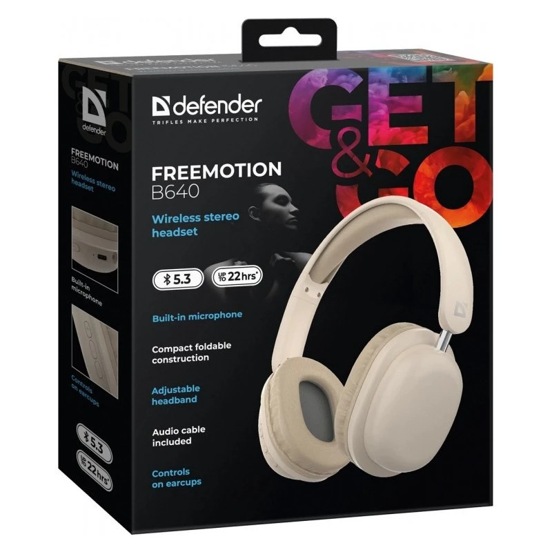 Bezvadu austiņas ap galvu DEFENDER EEMOTION B640 BĒŠS — binaurālas, slēgta akustika, USB-C, AUX, 20–20000 Hz, 105 dB