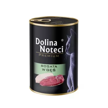 Mitrā kaķu barība dolina noteci Premium bagāta ar zosu 400 g — pieaugušiem kaķiem, konservēta, pilnvērtīga barība, 10% olbaltumvielu, 6% tauku, 80% mitruma