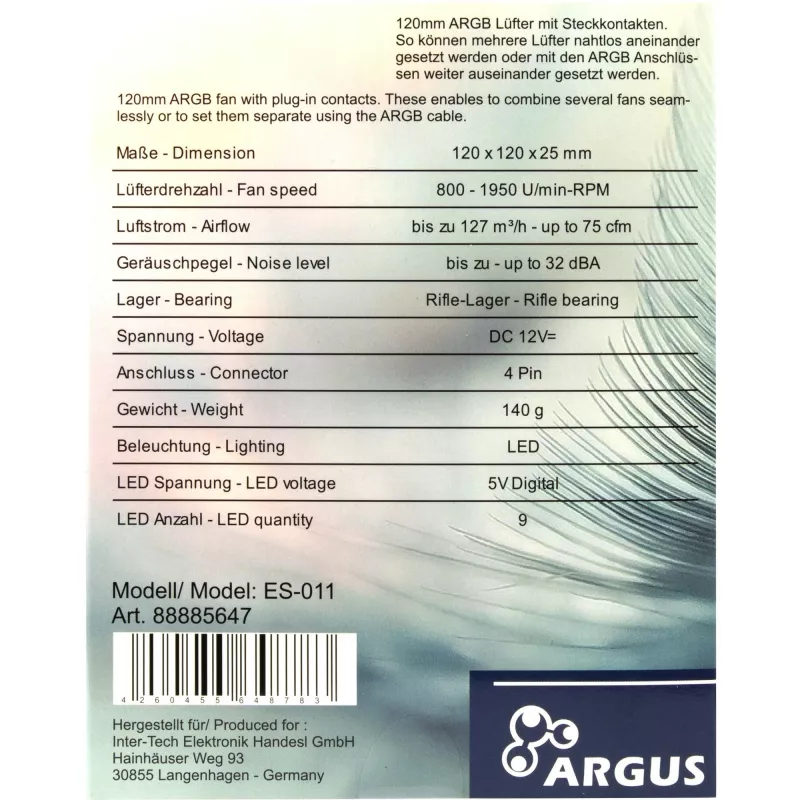 Datora korpusa ventilators INTER-TECH ES-011, 120 mm, melns, 1 gab.