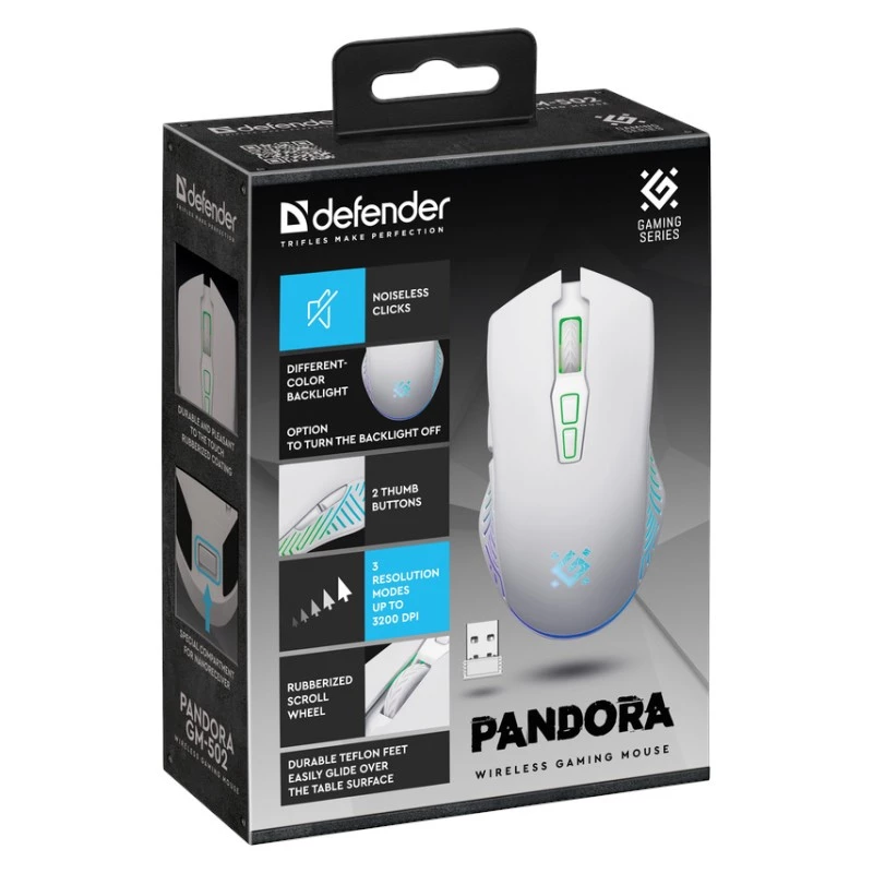 Bezvadu spēļu pele DEFENDER Pandora balta — piemērota abām rokām, 3200 DPI, 6 pogas, programmējama, optiska, USB