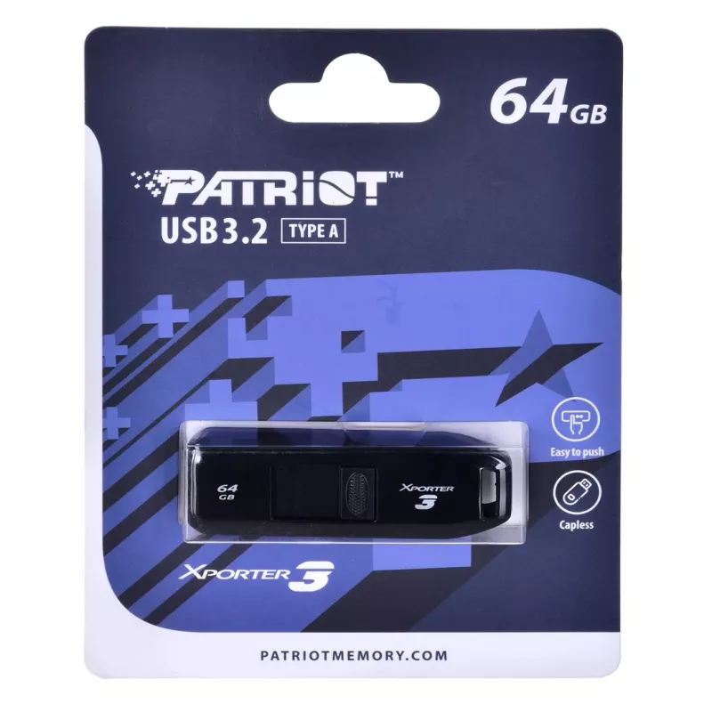 USB zibatmiņa PATRIOT Xporter 64GB USB Type-A 3.2 Gen 1 (bīdāma, melna, 80 MB/s)