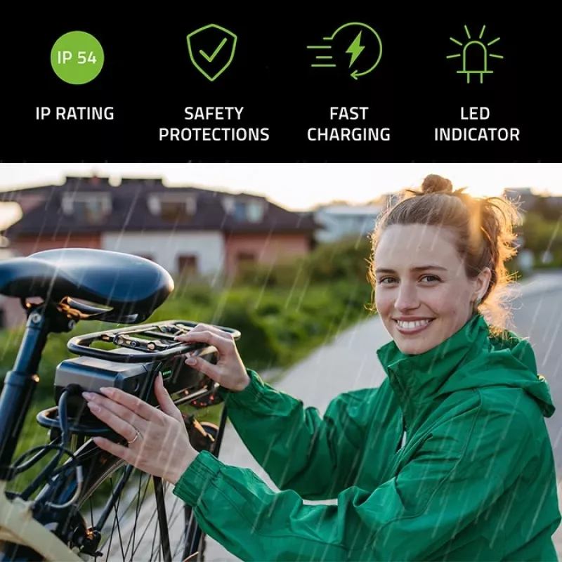 Ebike lādētājs QOLTEC 50332 — 36V/42V izeja, 2A, 5,5×2,1 mm spraudnis