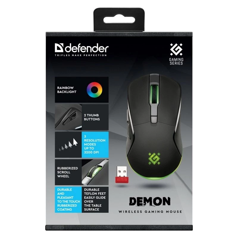 Bezvadu spēļu pele DEFENDER Demon GM-534 RF, piemērota abām rokām, 3200 DPI, 5 pogas, 2,4 GHz USB-A nano uztvērējs