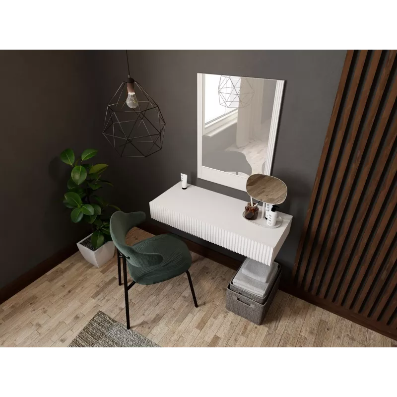Tualetes galdiņš ar spoguli cama meble PAFOS 80×41,6×100 cm, balts matēts, MDF rāmis, 1 atvilktne