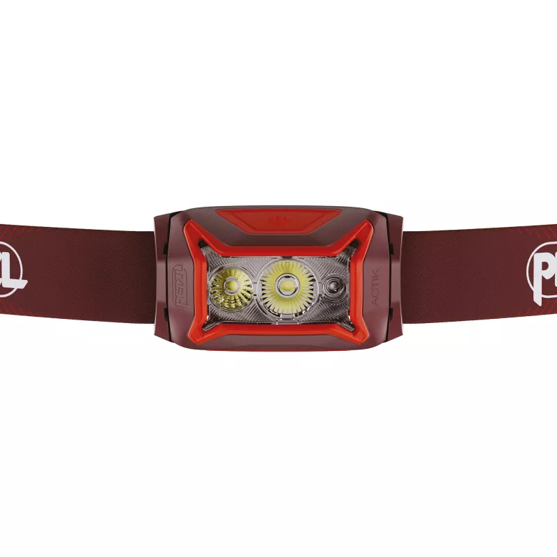 Galvas lukturītis Petzl Actik Core — LED, 100 lm, iebūvēts 1250 mAh USB uzlādējams akumulators, IPX4, sarkans