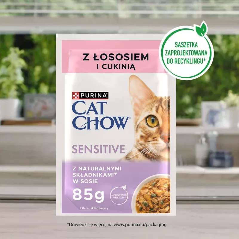 Purina Cat Chow Sensitive Gig ar lasi un cukīni mērcē - mitrā barība kaķiem - 85 g