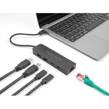 USB centrmezgls DeLOCK 10 Gbps ar 2,5 gigabitu LAN un PD 85 vati