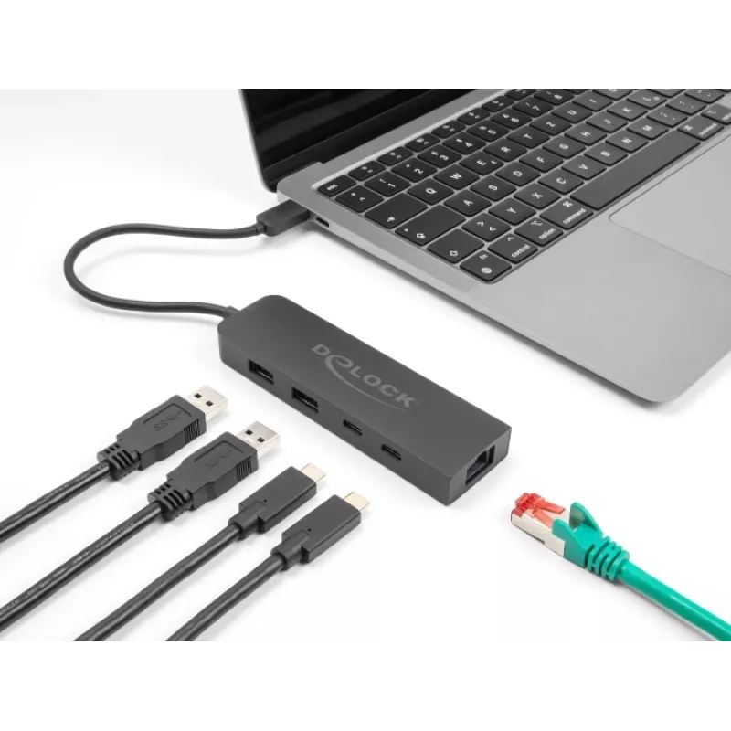USB centrmezgls DeLOCK 10 Gbps ar 2,5 gigabitu LAN un PD 85 vati