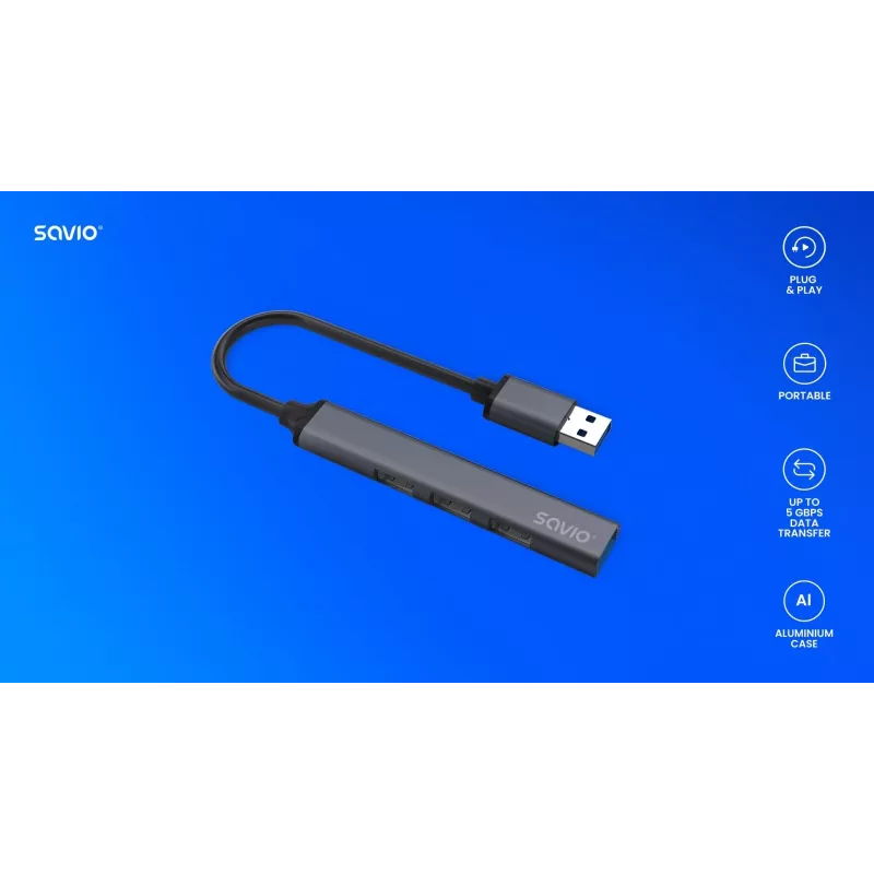 USB centrmezgls SAVIO AK-70, 7 portu USB 3.0, 4 lietojami porti, USB Type-A resursdators, 5 Gbit/s pārsūtīšana, garantija 2 gadi