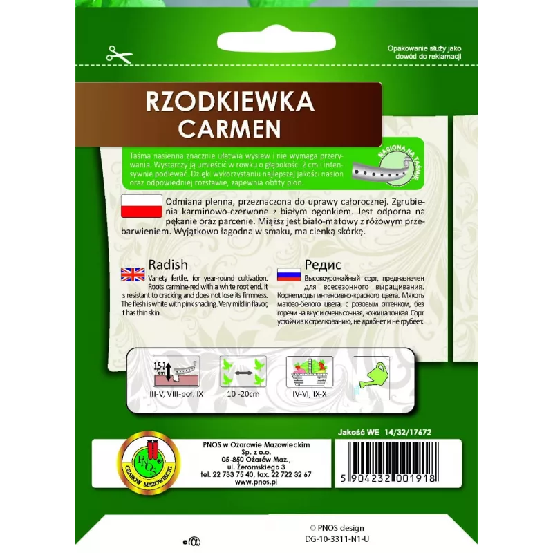 Sēklas Apte Rzodkiewka CARMEN — poļu redīsu šķirne audzēšanai visu gadu