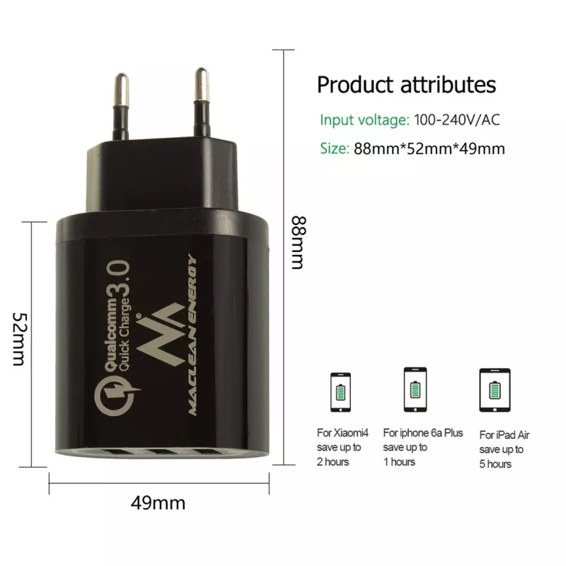 USB sienas lādētājs MACLEAN MCE479B — 3x USB pieslēgvietas, 18W kopējā izejas jauda, kompakts