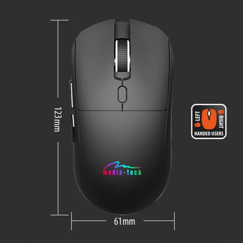 Bezvadu pele MEDIA-TECH MT1124 BT/RF Silent & Recharge — piemērota abām rokām, 3200 DPI, Bluetooth + 2,4 GHz USB, 6 pogas, uzlādējama