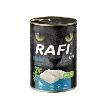 Mitrā kaķu barība Dolina Noteci Rafi ar mencu, pilnvērtīgs konservs pieaugušiem kaķiem, 400 g, zivju garša