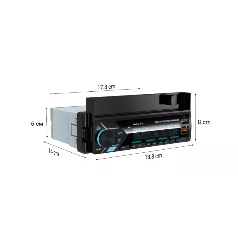 Automašīnas digitālais multivides uztvērējs Navitel RD6 — 4x45 W audio atskaņotājs, atskaņošana no digitālajiem un ārējiem avotiem, single-DIN ievietojums