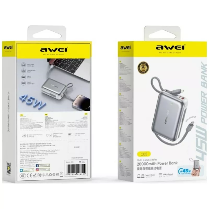Pārnēsājams ārējais akumulators Awei C03 20000mAh ar 45W izeju un integrētu USB-A/USB-C kabeli