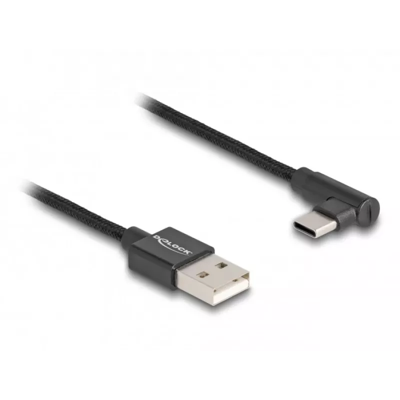DeLOCK USB 2.0 kabelis, Type-A vīriešu uz Type-C vīriešu, leņķveida, 0,5 m, melns