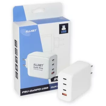 ALLNET Strāvas padeve PSU-GaNPD-USB-1A3C-200W — 200W GaN USB lādētājs, 1× USB-A, 3× USB-C