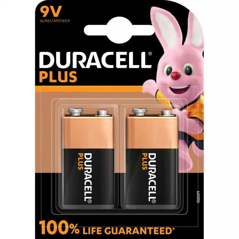 Duracell Plus 9V (MN1604) baterija — 2 gab. iepakojumā, kopējais svars 0,102 kg