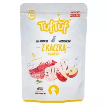 Mitrā suņu barība TufTuf Duck with Apple 300 g — konservēta pilnvērtīga maltīte pieaugušiem suņiem, 69% mitruma, 9,8% olbaltumvielu