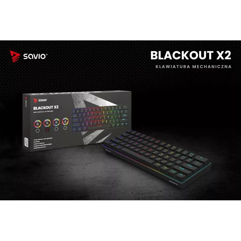 Mehāniskā spēļu tastatūra SAVIO MelnsOUT X2 BROWN 61 taustiņi 60% USB QWERTY RGB Outemu Brown