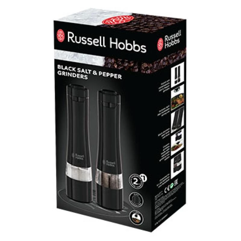 Russell Hobbs 28010-56 Electric Salt Mill Set (High Quality, Automatic, Adjustable Grinding, Light on Base, Melns Metal Design) Pepper Mill