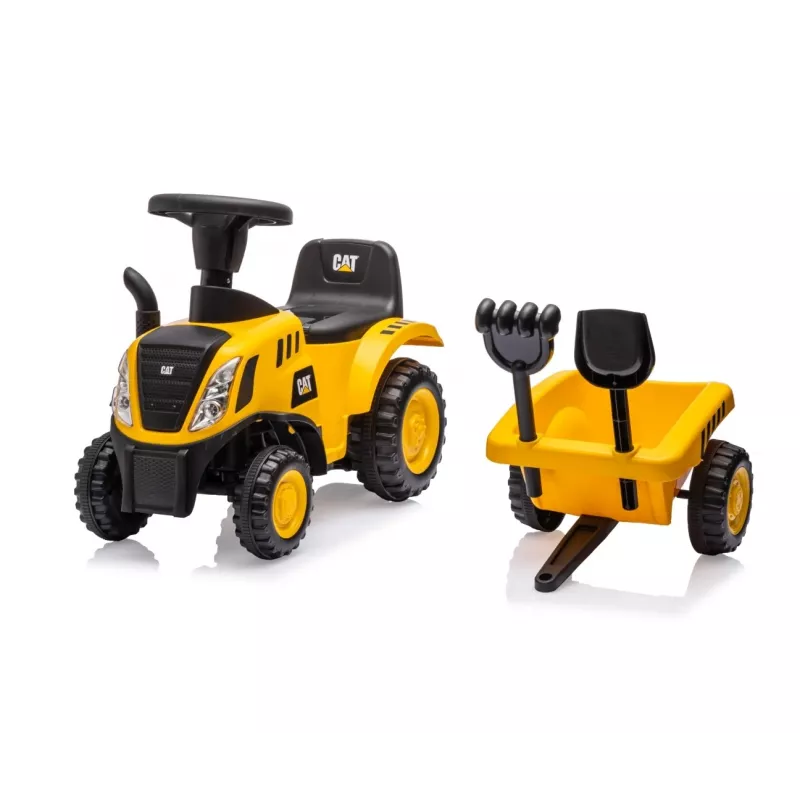 CAT traktors ar piekabi, dzeltens, braucamais