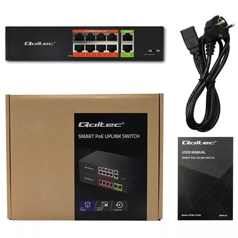 Tīkla komutators QOLTEC FAST Ethernet PoE 8xRJ45 ar 2xRJ45 augšupsaiti (modelis 52290)
