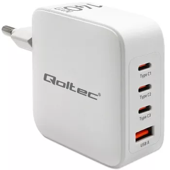 Lādētājs QOLTEC 51828 140W GaN 3×USB‑C PD + 1×USB‑A QC 3.0 – daudzpieslēgvietu ātrā lādētāja