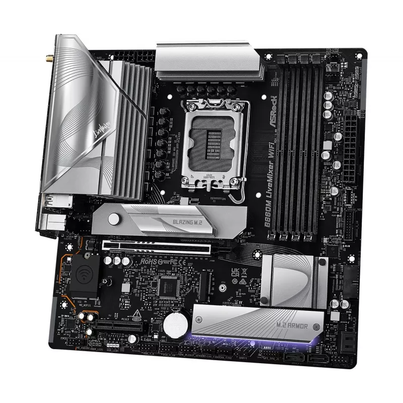 Mātesplate ASRock B860M LiveMixer WiFi — Intel B860, LGA 1851, micro ATX, DDR5, 4x DIMM, Wi‑Fi 6E, 2.5Gb LAN