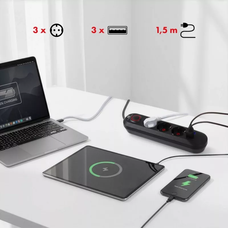 Strāvas sadalītājs MACLEAN MCE394 B — 3 rozetes + 3×USB A, 110–240 V, 2,1 A USB, 2500 W, 1,5 m kabelis, melns