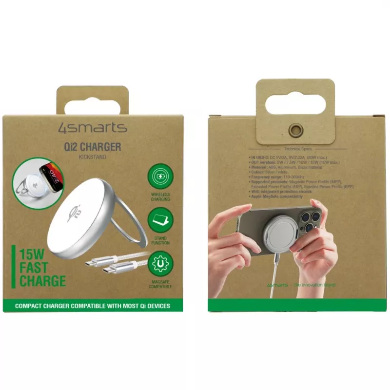 4smarts Qi2 Charger Kickstand Sudrabains Balts - Lādētājs (540987)