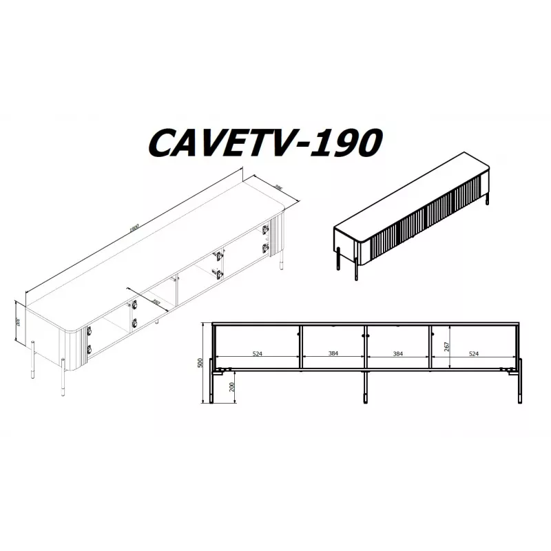 TV skapis Cama Meble VERA 190x40x50 cm, matēti balts, skaidu plākšņu virsma