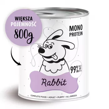 Slapjā suņu barība PAKA ZWIERZAKA Pepe Rabbit 800 g — pilnvērtīga konservēta barība pieaugušiem suņiem, trusis, 85,4% mitrums