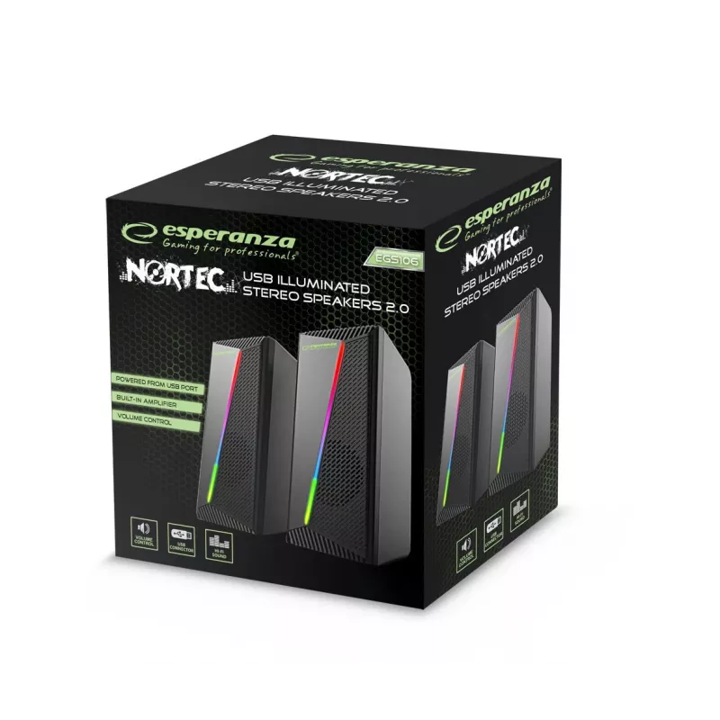 Boxe Stereo 2.0, 6W, Conectare Jack 3.5mm, Alimentare USB, Esperanza Rainbow Nortec 95855, Iluminare RGB, Melni