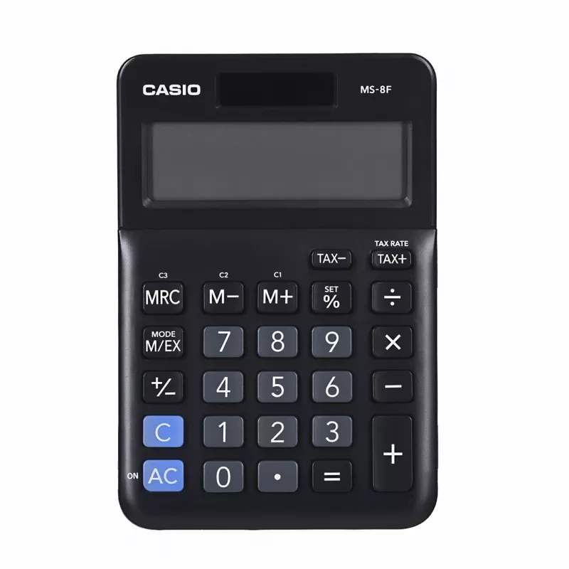 Galda pamata kalkulators CASIO MS-8F – 8 ciparu, baterija/saules, 26 taustiņi, valūtas un nodokļu funkcijas, peļņas aprēķins, melns