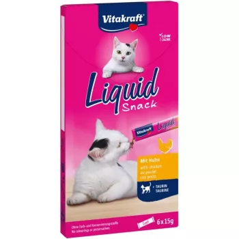 Mitra gaļīga pastas kaķu kārums Vitakraft Liquid Snack 6×15 g — vista & cūkgaļa, pieaugušiem kaķiem, bez cukura un bez sojas