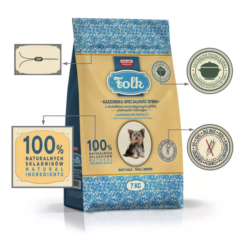 FOLK Small breeds Kašubu stila zivju specialitāte ar āboliem, pētersīļiem un lupstāju - sausā suņu barība - 7 kg