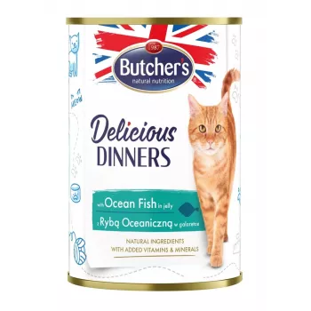 mitrā kaķu barība butcher's Delicious Dinners Ocean Fish Chunks in jelly 400 g, zivju garša, senioriem, kārba