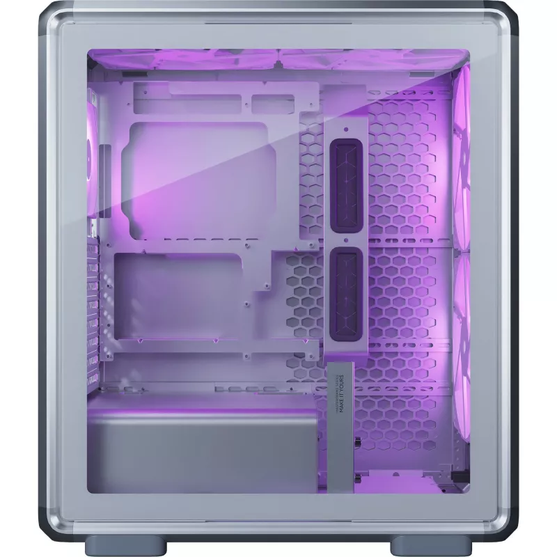 PC Midi Tower Cooler Master MasterFrame 500 Mesh — melns ar caurspīdīgu sānu, atbalsta ATX barošanas blokus, 2x200mm priekšā + 1x120mm aizmugurē, 2.5 collu/3.5 collu diski