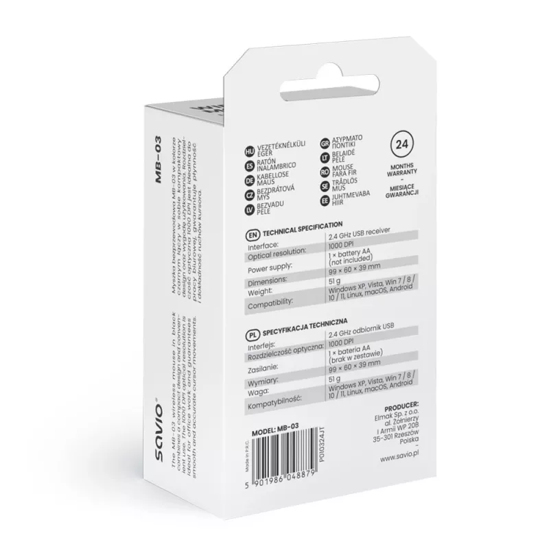 Bezvadu pele SAVIO MB-03, Bluetooth saskarne, 1000 DPI, AA baterija, 99×60×39 mm, 51 g, komplektā uztvērējs