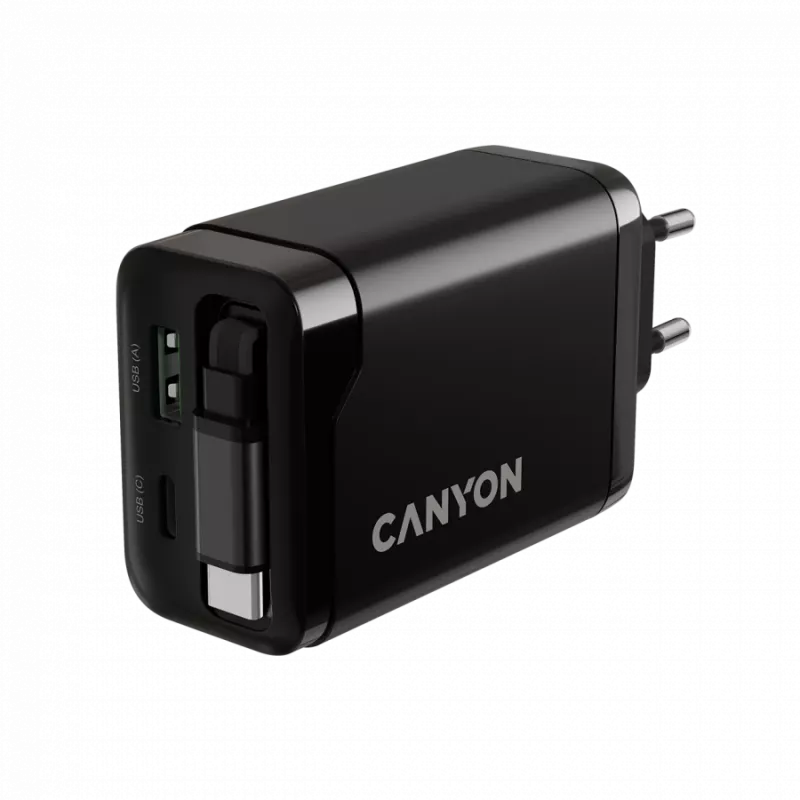 Lādētājs CANYON OnCharge 65RC ar iebūvētu USB-C vadu, 65W, 1x PD, 1x QC, ES kontaktdakša, melns