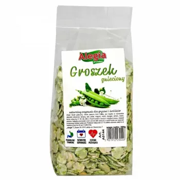 Drupinātu zirņu barības papildinājums grauzējiem un trušiem Alegia 300 g — dārzeņu garšas ciets našķis, bez lipekļa, sojas un cukura