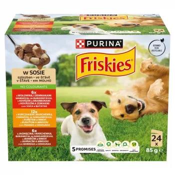 Mitrās suņu barības komplekts Purina Nestlé Friskies Adult ar liellopu gaļu, vistu un jēra gaļu 24 x 85 g, pilnvērtīga barība, 82,5% mitruma