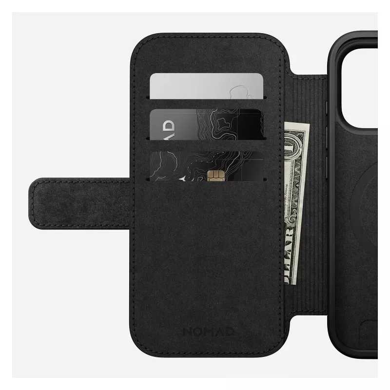 Atvāžamais tālruņa maciņš Nomad Modern Leather Folio iPhone 17 Pro, āda + alumīnijs, 6,3 collas (16 cm), iedegums, 3 karšu kabatas