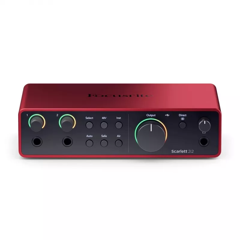 Audio interfeiss Focusrite Scarlett 2i2 4. paaudze — 2-ieeju/2-izeju USB-C, 24 bitu/192 kHz, 69 dB priekšpastiprinātāji, galda, melns/sarkans