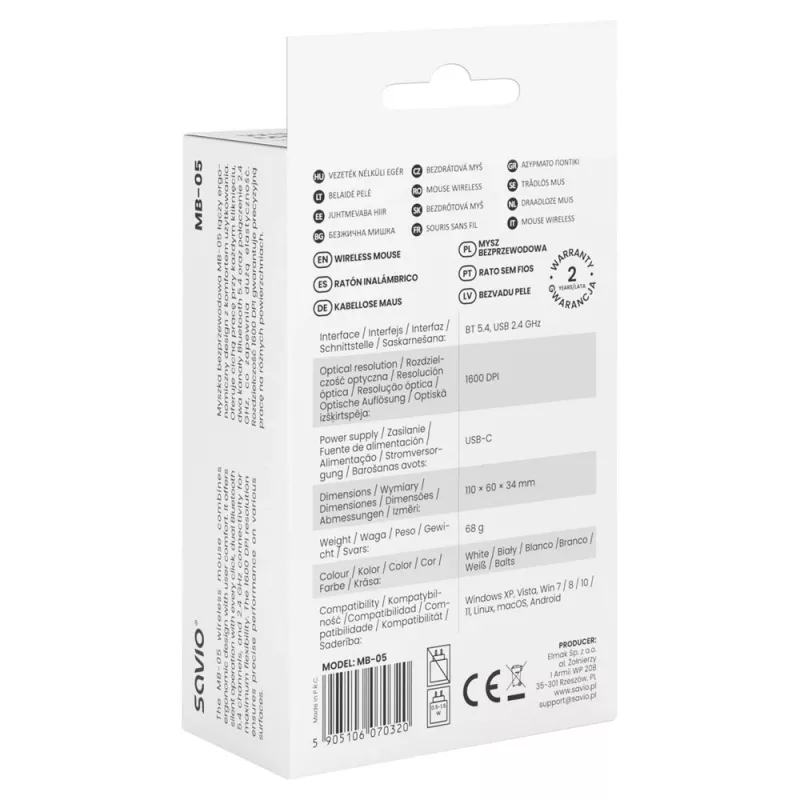 Savio MB-05 pele Universāla Piemērota abām rokām Bluetooth 1600 DPI