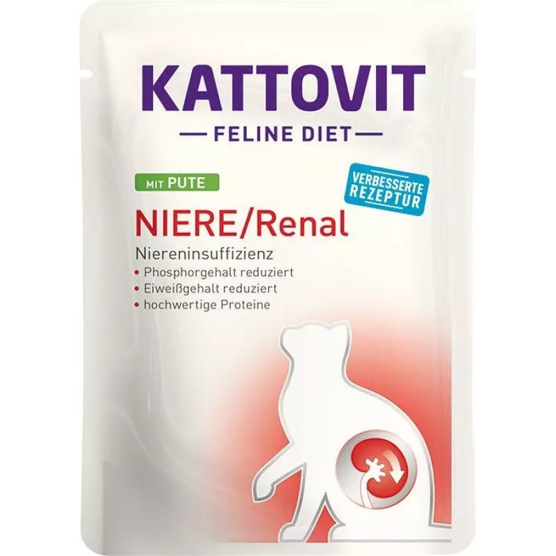 Mitrā kaķu barība KATTOVIT Niere/Renal 85 g paciņa — 12 x 85 g, mājputnu gaļa (liellopu gaļa, vista, pīle, tītars) pieaugušiem kaķiem ar nieru mazspēju